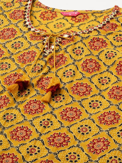Ethnic Printed & Embroidered Kurta with Pant & Applique Work Dupatta - Mustard