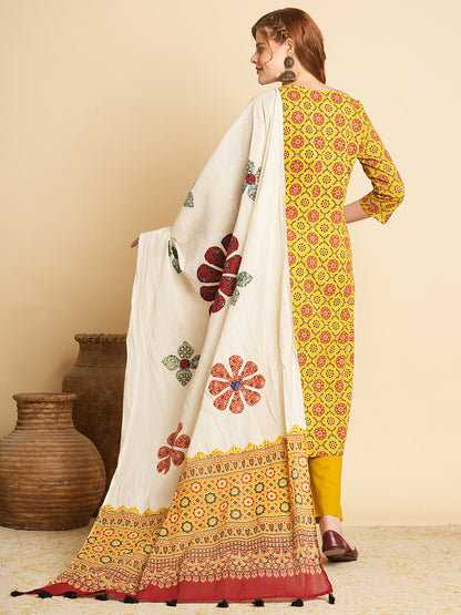 Ethnic Printed & Embroidered Kurta with Pant & Applique Work Dupatta - Mustard