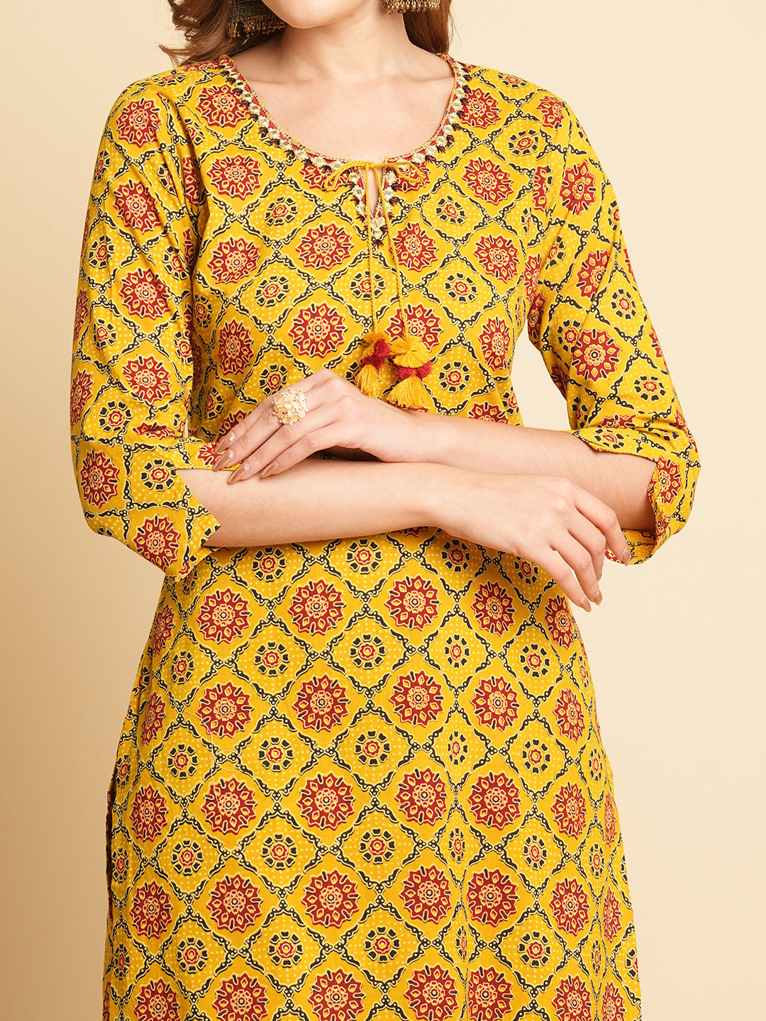 Ethnic Printed & Embroidered Kurta with Pant & Applique Work Dupatta - Mustard