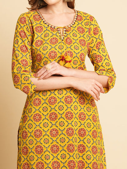 Ethnic Printed & Embroidered Kurta with Pant & Applique Work Dupatta - Mustard