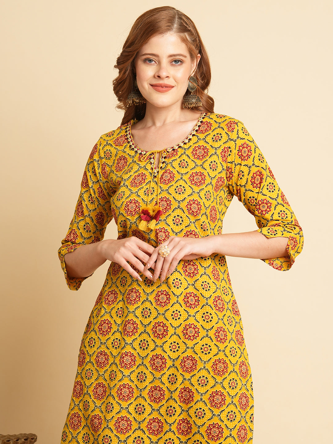 Ethnic Printed & Embroidered Kurta with Pant & Applique Work Dupatta - Mustard