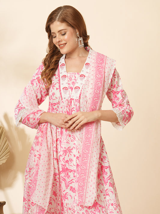 Floral Khari Printed & Embroidered A-Line Kurta with Pant & Pure Cotton Dupatta - White