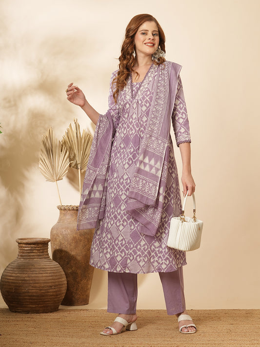 Ethnic Printed & Embroidered A-Line Paneled Kurta with Pant & Dupatta -Lavender