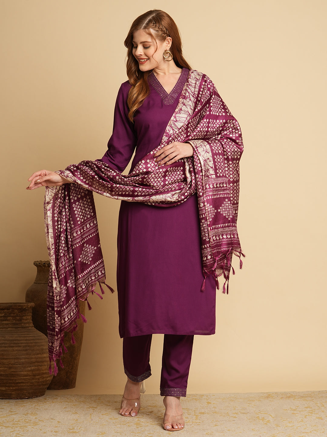 Solid Ethnic Embroidered Straight Fit Kurta with Pant & Dupatta - Purple