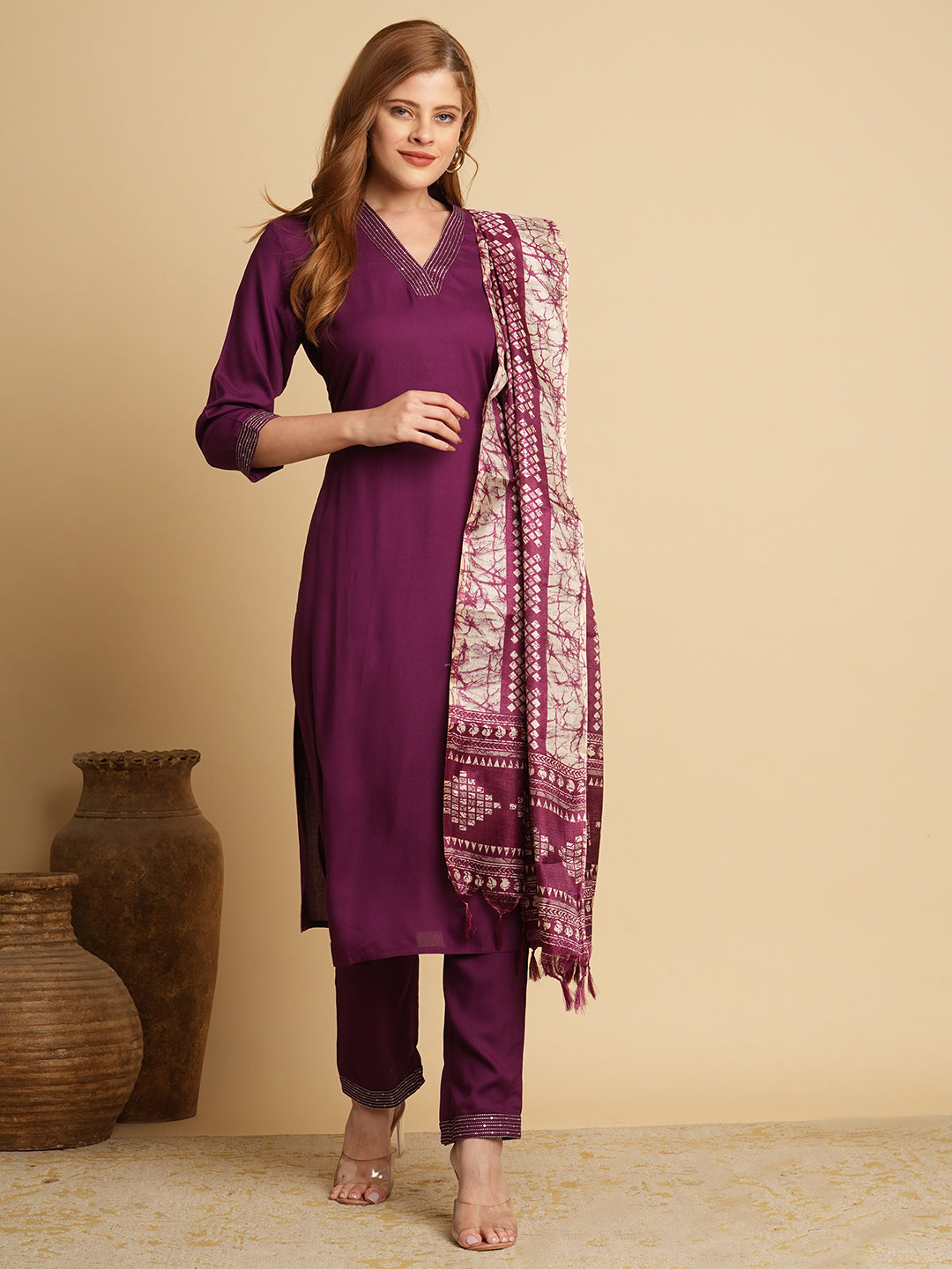 Solid Ethnic Embroidered Straight Fit Kurta with Pant & Dupatta - Purple