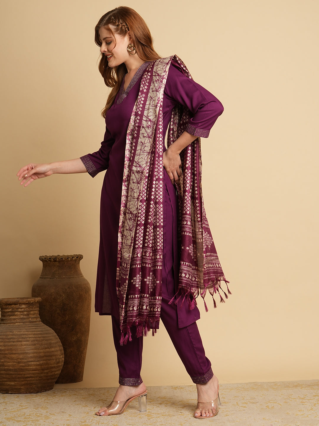 Solid Ethnic Embroidered Straight Fit Kurta with Pant & Dupatta - Purple