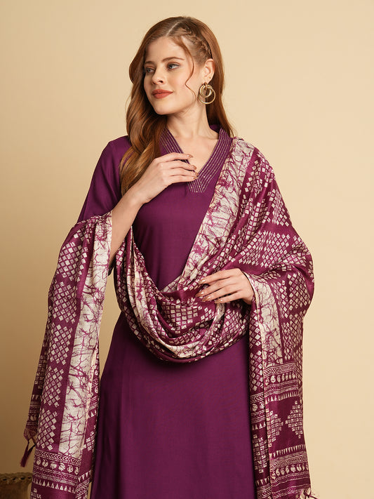 Solid Ethnic Embroidered Straight Fit Kurta with Pant & Dupatta - Purple