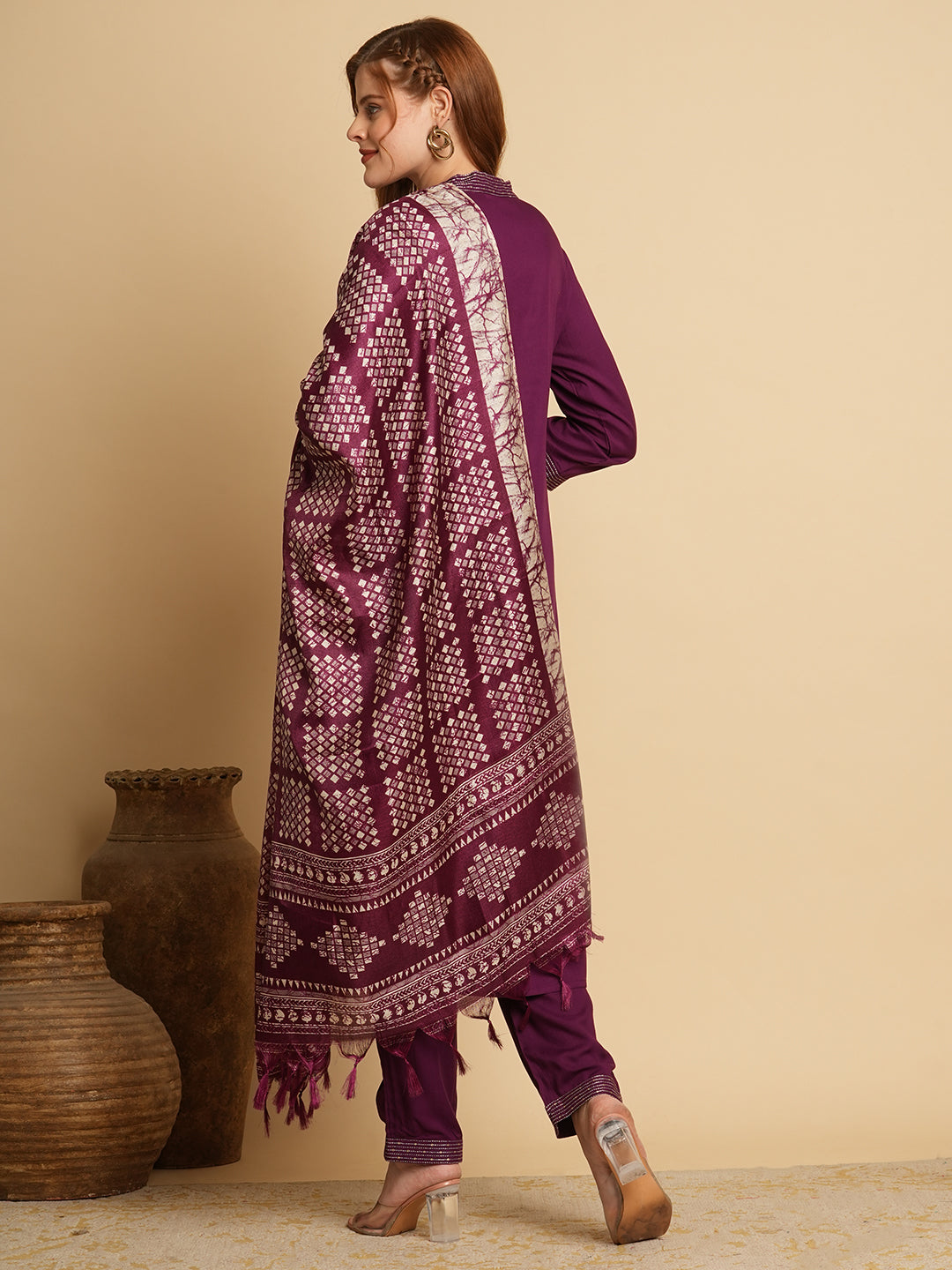 Solid Ethnic Embroidered Straight Fit Kurta with Pant & Dupatta - Purple