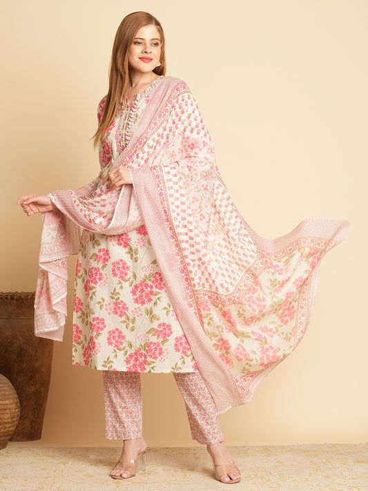 Floral Printed Straight Fit Kurta with Pant & Dupatta - Pink