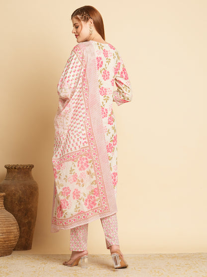 Floral Printed Straight Fit Kurta with Pant & Dupatta - Pink