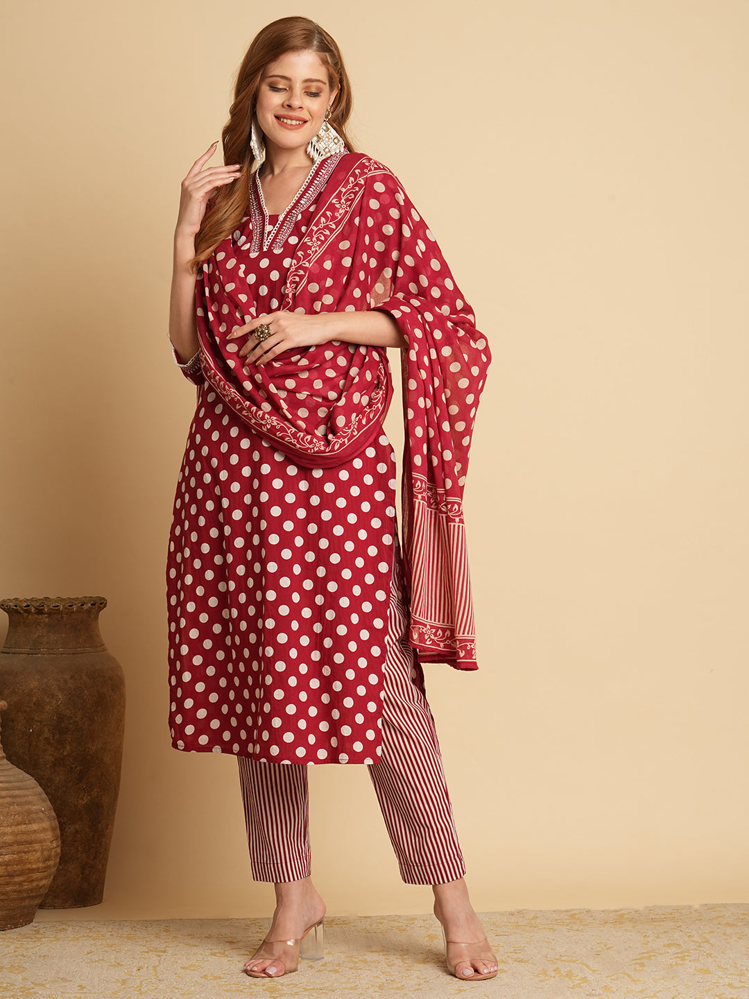 Polka Dot Printed & Embroidered Straight Fit Kurta with Pant & Dupatta - Red