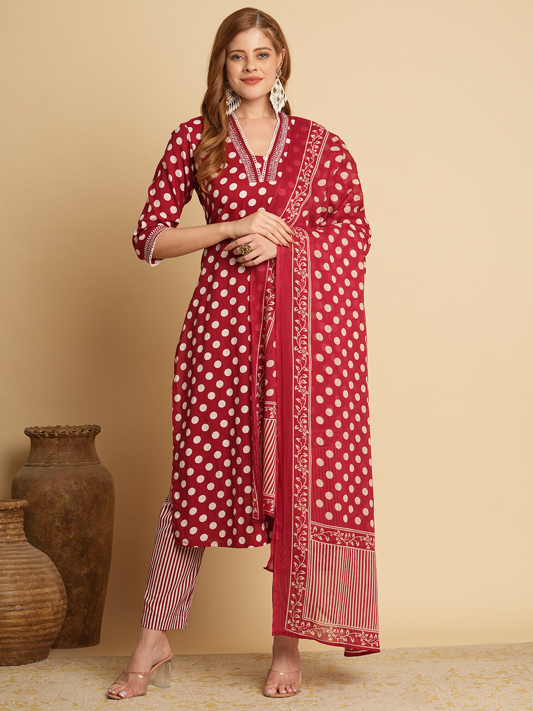 Polka Dot Printed & Embroidered Straight Fit Kurta with Pant & Dupatta - Red