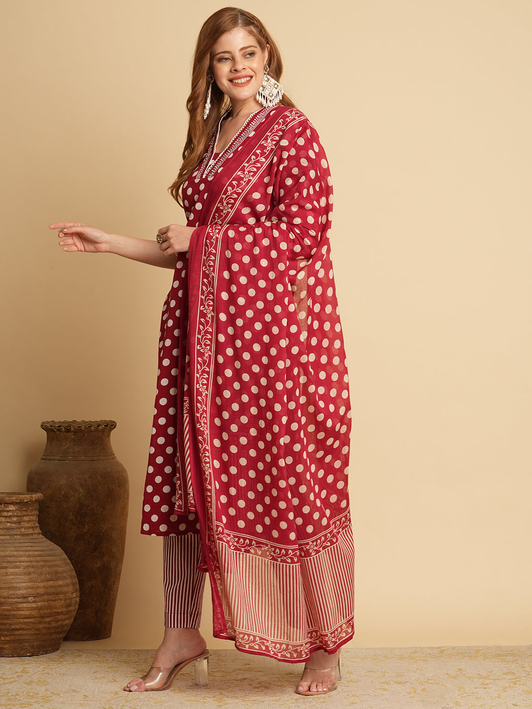 Polka Dot Printed & Embroidered Straight Fit Kurta with Pant & Dupatta - Red