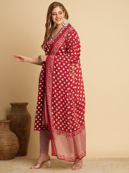 Polka Dot Printed & Embroidered Straight Fit Kurta with Pant & Dupatta - Red