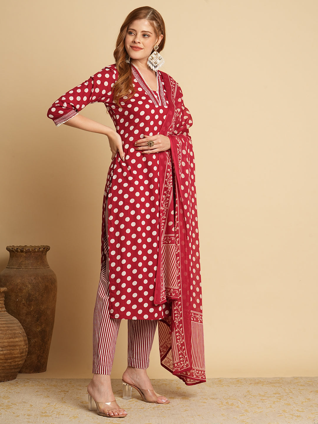 Polka Dot Printed & Embroidered Straight Fit Kurta with Pant & Dupatta - Red