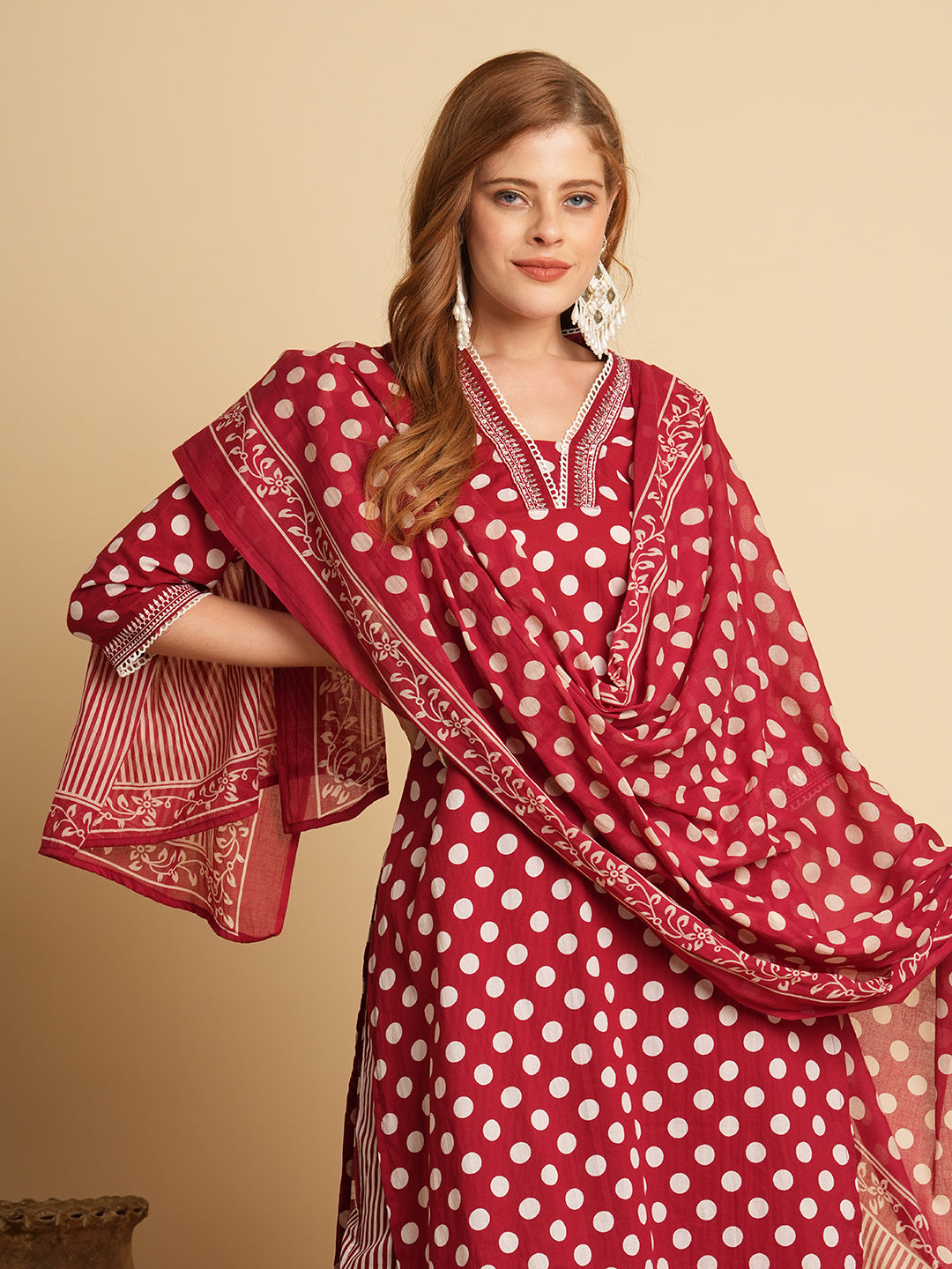 Polka Dot Printed & Embroidered Straight Fit Kurta with Pant & Dupatta - Red