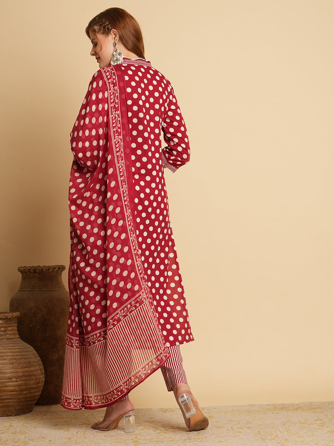 Polka Dot Printed & Embroidered Straight Fit Kurta with Pant & Dupatta - Red