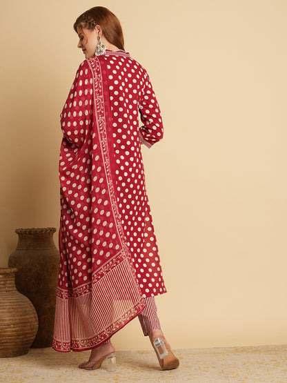 Polka Dot Printed & Embroidered Straight Fit Kurta with Pant & Dupatta - Red