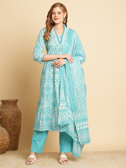 Ethnic Printed & Embroidered A-Line Paneled Kurta with Pant & Dupatta -Blue