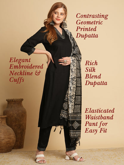 Solid Ethnic Embroidered Straight Fit Kurta with Pant & Dupatta - Black