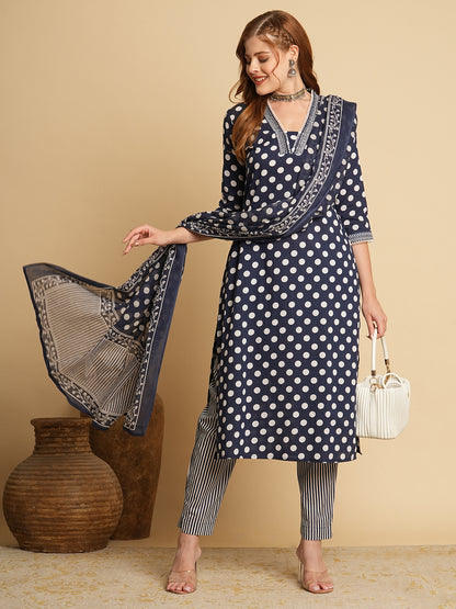 Polka Dot Printed & Embroidered Straight Fit Kurta with Pant & Dupatta - Navy Blue