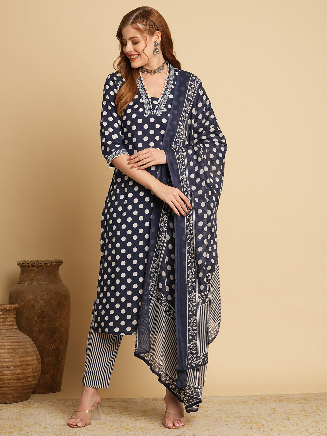 Polka Dot Printed & Embroidered Straight Fit Kurta with Pant & Dupatta - Navy Blue