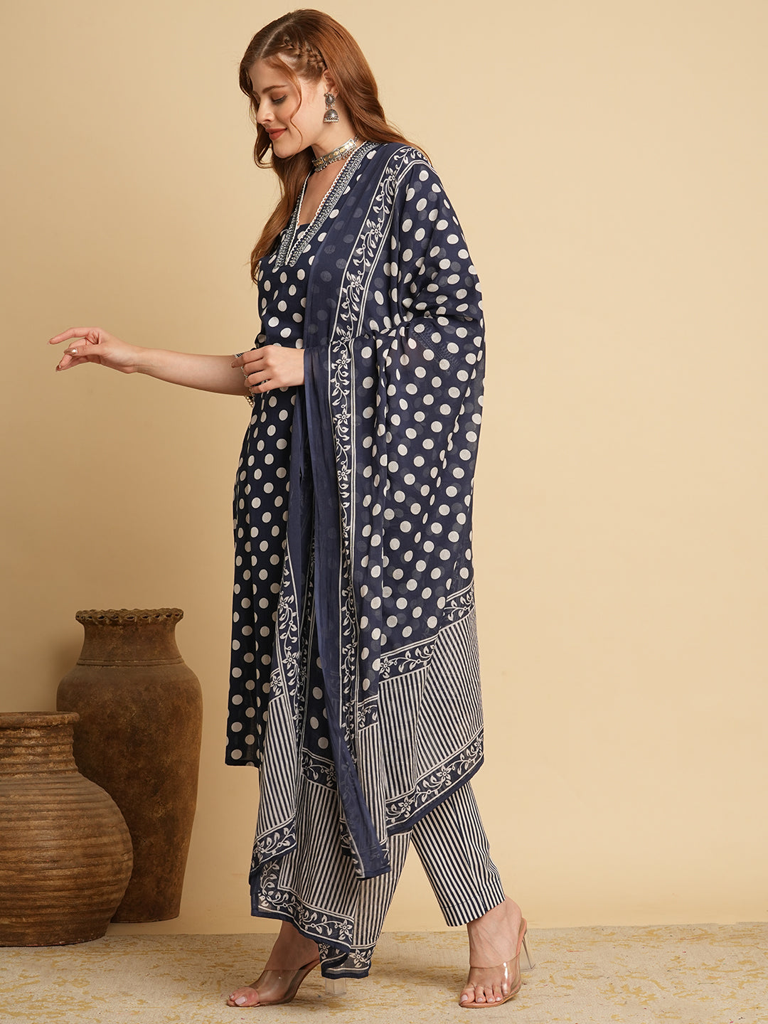 Polka Dot Printed & Embroidered Straight Fit Kurta with Pant & Dupatta - Navy Blue