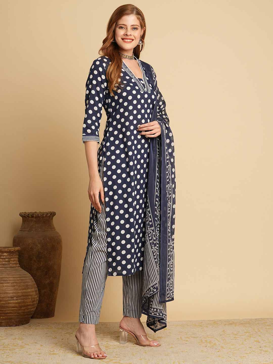 Polka Dot Printed & Embroidered Straight Fit Kurta with Pant & Dupatta - Navy Blue