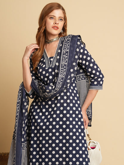 Polka Dot Printed & Embroidered Straight Fit Kurta with Pant & Dupatta - Navy Blue