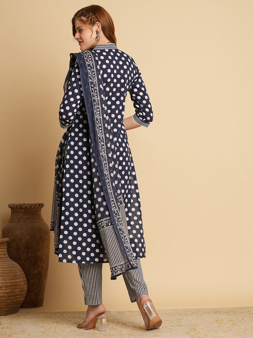 Polka Dot Printed & Embroidered Straight Fit Kurta with Pant & Dupatta - Navy Blue