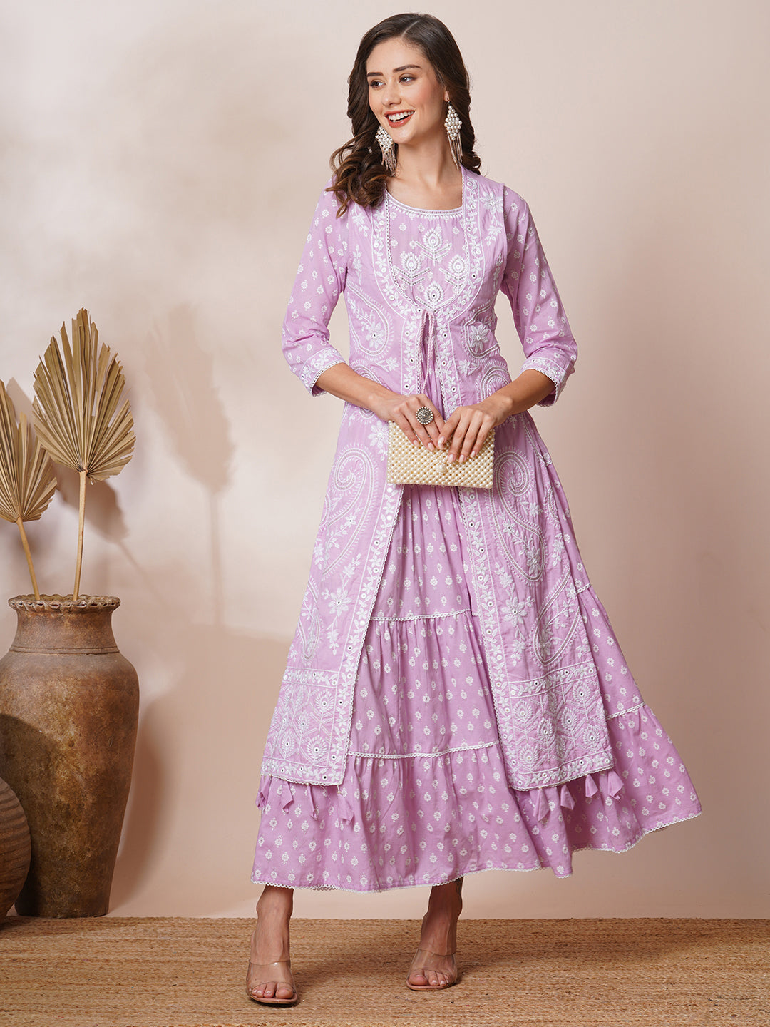 Ethnic Khari Printed & Embroidered A-Line Pleated Maxi Dress with Embroidered Jacket - Purple