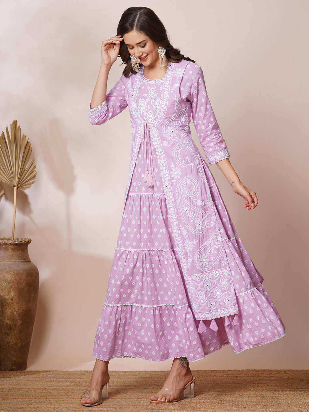 Ethnic Khari Printed & Embroidered A-Line Pleated Maxi Dress with Embroidered Jacket - Purple