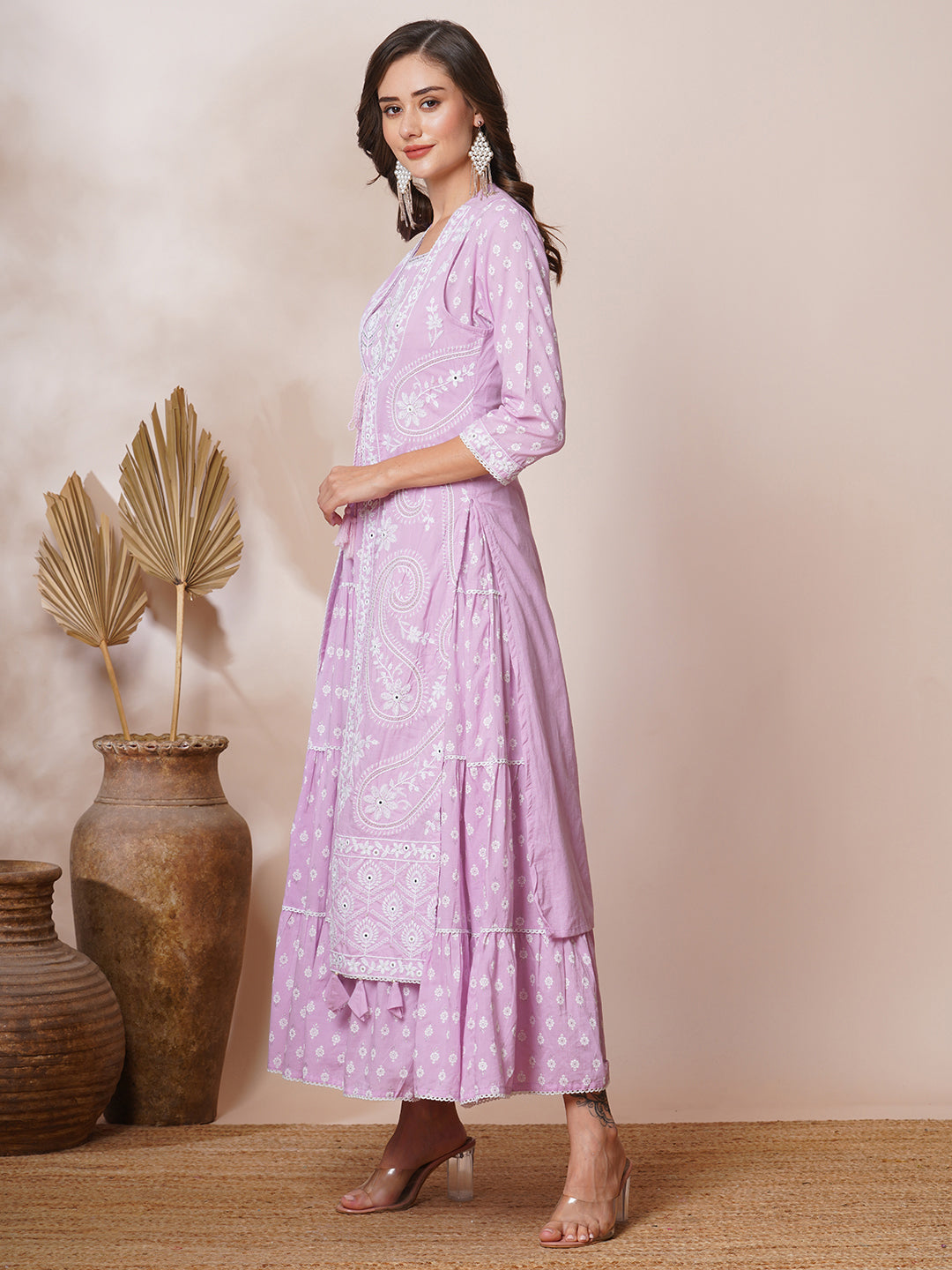 Ethnic Khari Printed & Embroidered A-Line Pleated Maxi Dress with Embroidered Jacket - Purple