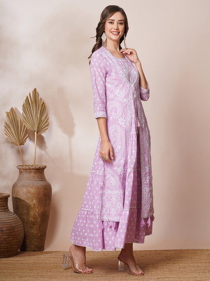 Ethnic Khari Printed & Embroidered A-Line Pleated Maxi Dress with Embroidered Jacket - Purple