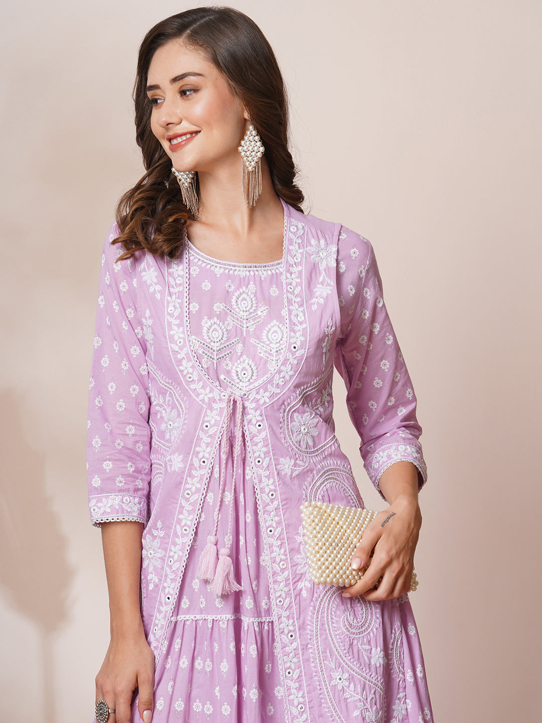 Ethnic Khari Printed & Embroidered A-Line Pleated Maxi Dress with Embroidered Jacket - Purple