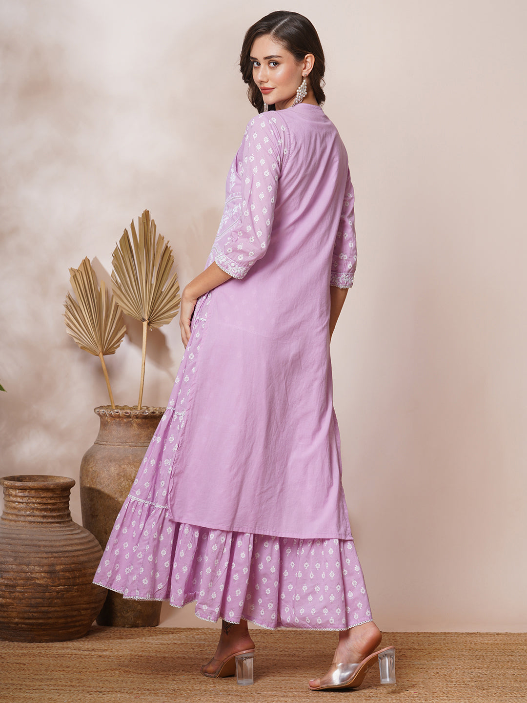 Ethnic Khari Printed & Embroidered A-Line Pleated Maxi Dress with Embroidered Jacket - Purple