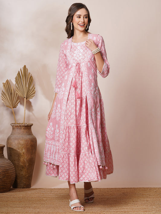 Ethnic Khari Printed & Embroidered A-Line Pleated Maxi Dress with Embroidered Jacket - Pink