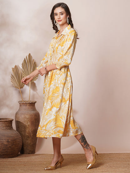 Abstract Floral Printed A-Line Pleated Maxi Dress - Yellow