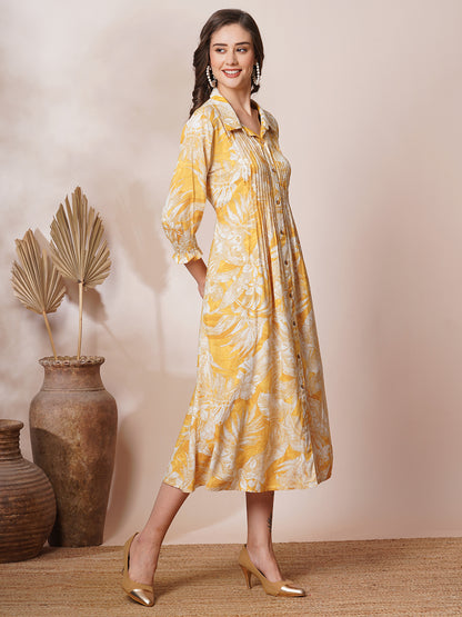 Abstract Floral Printed A-Line Pleated Maxi Dress - Yellow