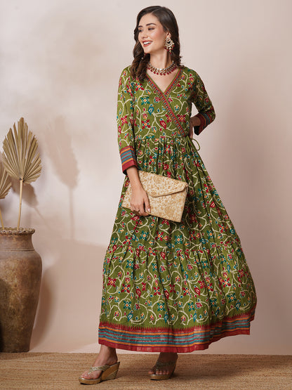 Ethnic Floral Printed & Embroidered A-Line Pleated Maxi Dress - Green