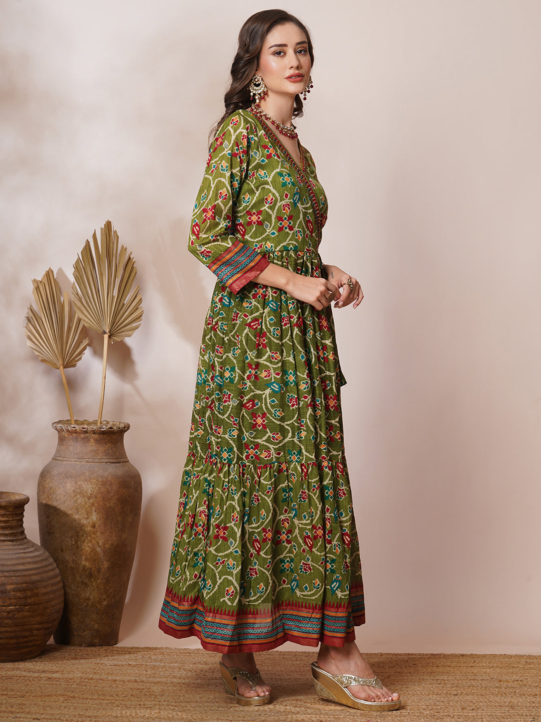 Ethnic Floral Printed & Embroidered A-Line Pleated Maxi Dress - Green