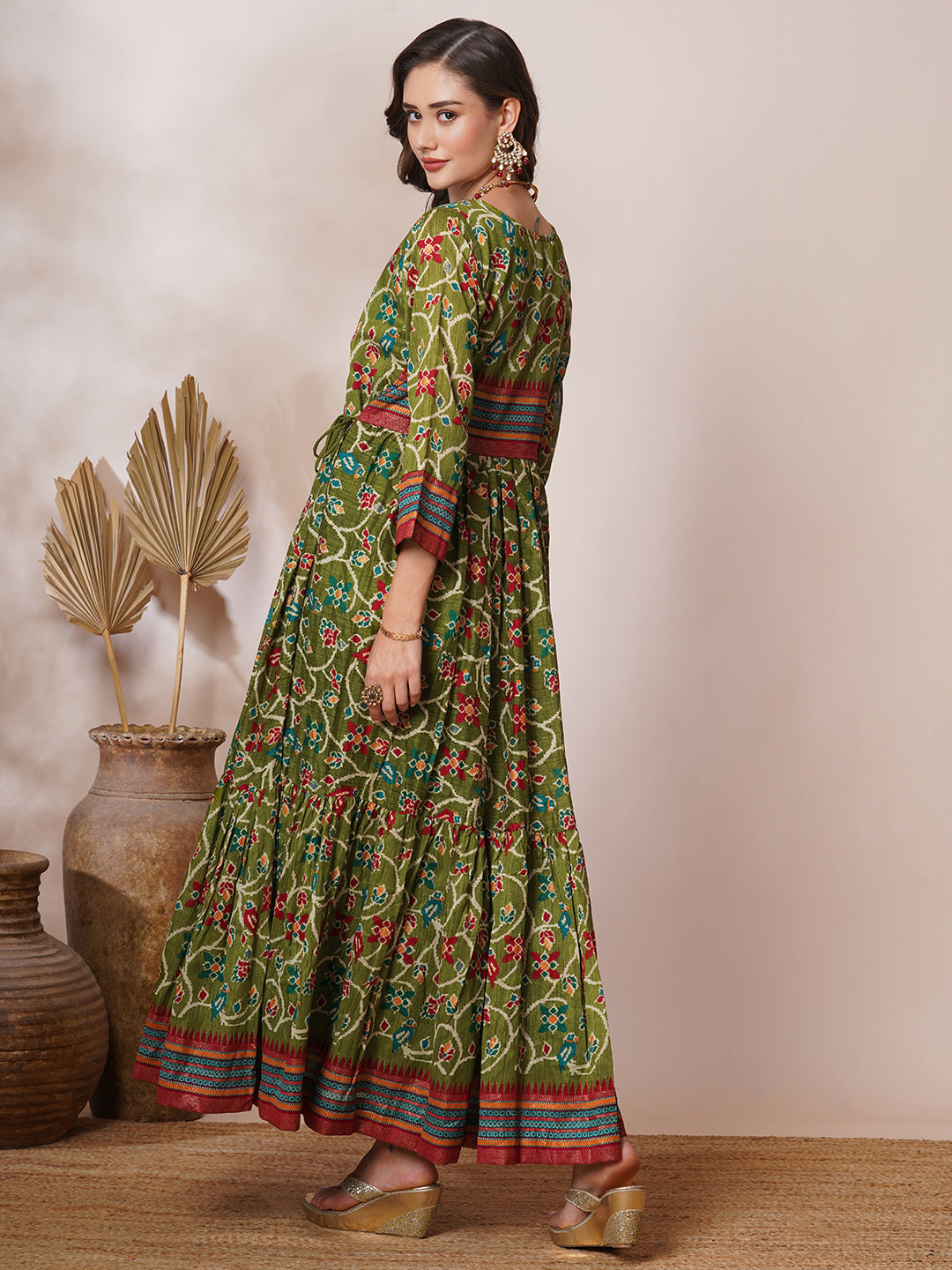 Ethnic Floral Printed & Embroidered A-Line Pleated Maxi Dress - Green