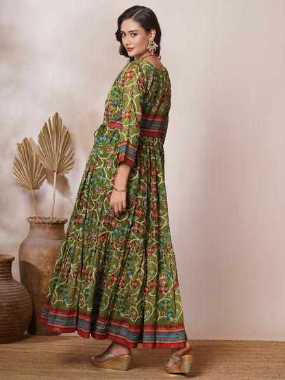 Ethnic Floral Printed & Embroidered A-Line Pleated Maxi Dress - Green