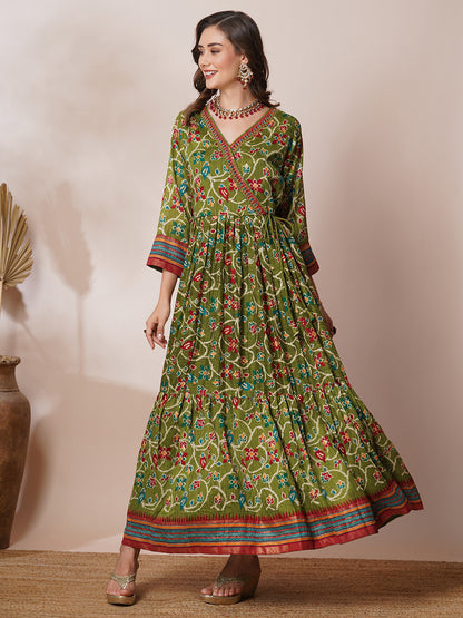 Ethnic Floral Printed & Embroidered A-Line Pleated Maxi Dress - Green