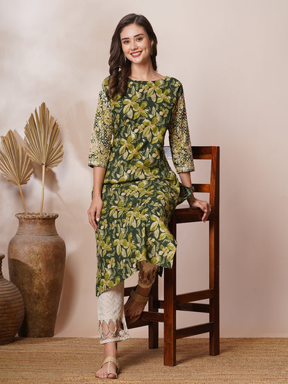 Floral Printed & Chikankari Embroidered Straight Fit Kurta - Green