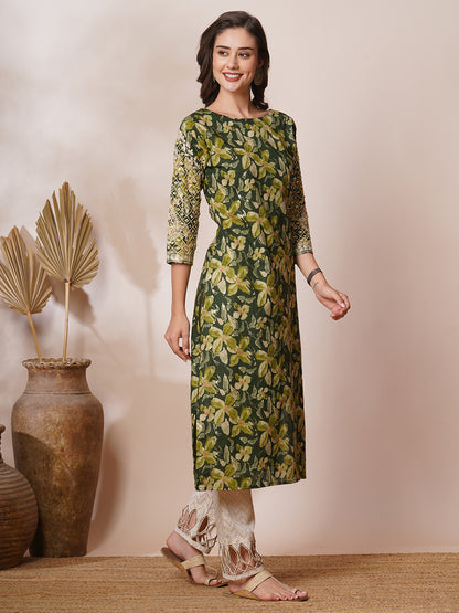 Floral Printed & Chikankari Embroidered Straight Fit Kurta - Green