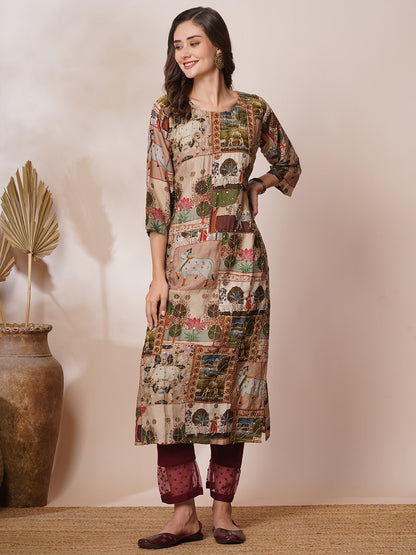 Pichwai Printed & Kantha Embroidered Straight Fit Kurta - Taupe