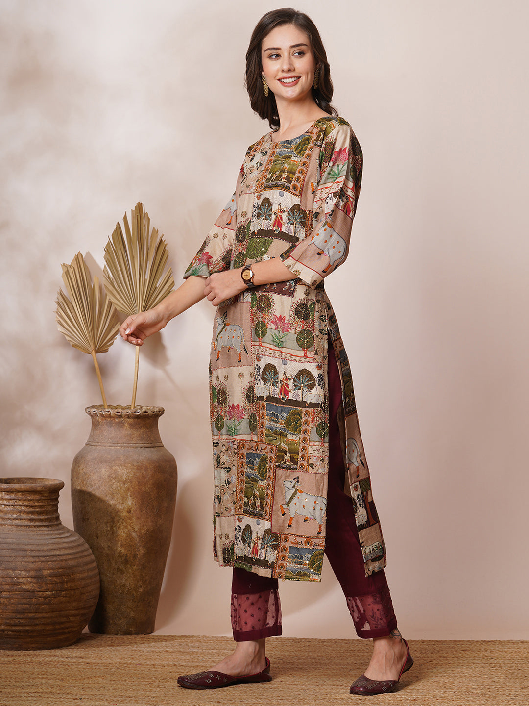 Pichwai Printed & Kantha Embroidered Straight Fit Kurta - Taupe