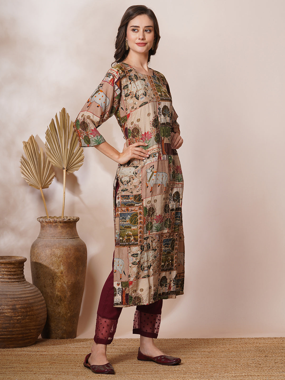 Pichwai Printed & Kantha Embroidered Straight Fit Kurta - Taupe