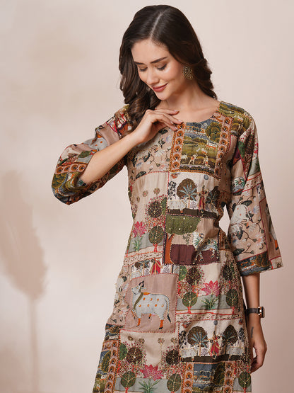 Pichwai Printed & Kantha Embroidered Straight Fit Kurta - Taupe